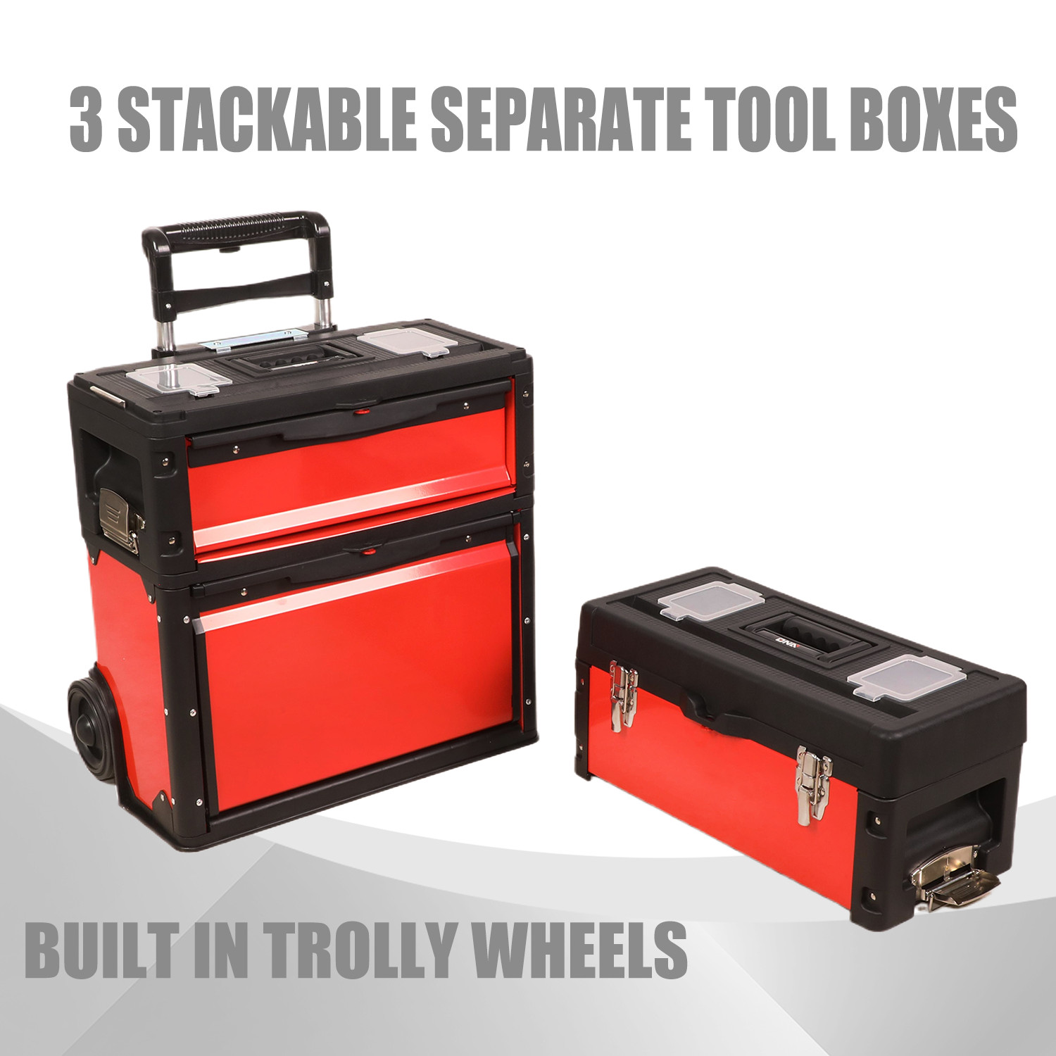 Red Tool Box 3-Tier Stackable Trolley Storage Case Organize 19.5" x 28.5" x 12"