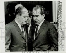 1967 Press Photo Hubert Humphrey, Richard Nixon chat at C.A. Herter funeral, DC