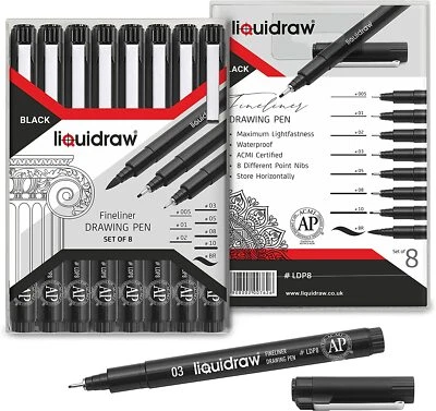 LIQUIDRAW Zeichenstifte 8er Set schwarze Fineliner wasserdichte Tinte technische Finelinerbürste