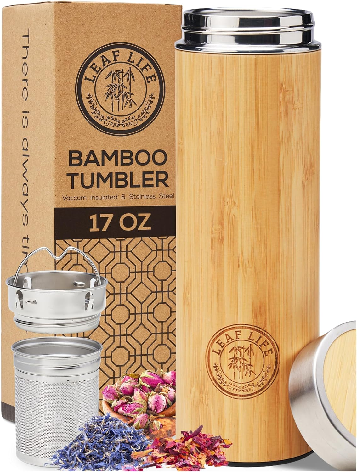 Premium Bamboo Thermos with Tea Infuser for Loose 17Oz Gift Set Insulated Water