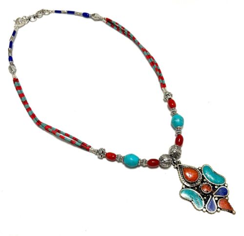 Turquoise, Coral gemstone tibetan 925 sterling silver necklace jewelry 18 inch - Picture 3 of 6
