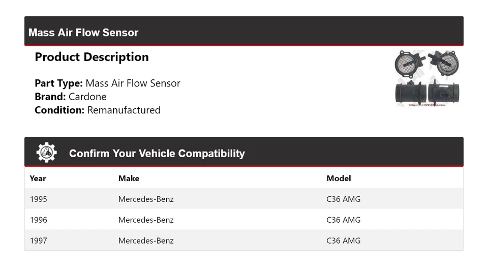 For 1995-1997 Mercedes-Benz C36 AMG Mass Air Flow Sensor Cardone 1996 - Image 2 of 4