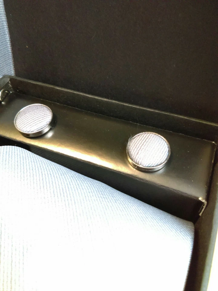 100% Silk Mens Tie Set Gray HandMade Woven Solid Necktie Cuff Links Handkerchief - Image 4 of 4