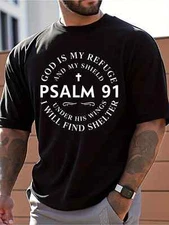 Men's Psalm 91 Inspirational T-Shirt - God is My Refuge & Shield Christian Graph