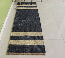 Indian Hand Woven Hippie Runner Jute Rugs Navy Blue Rug  off White Rug Carpet