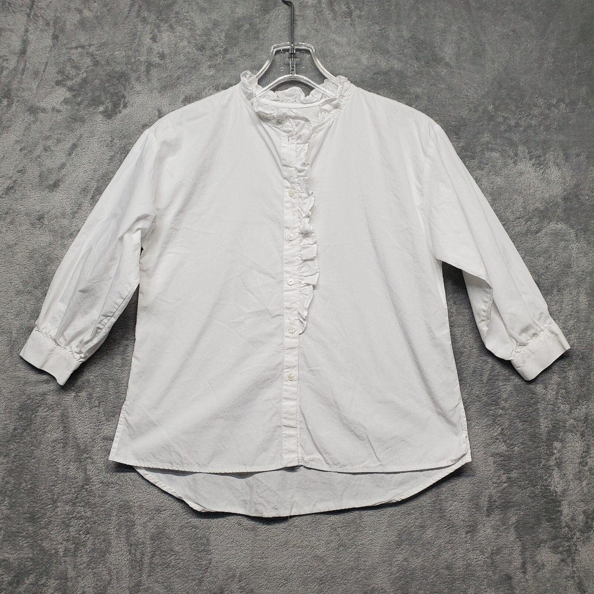 Zara Shirt Womens Size 9 White 3/4 Sleeves Button Up Ruffle Trim