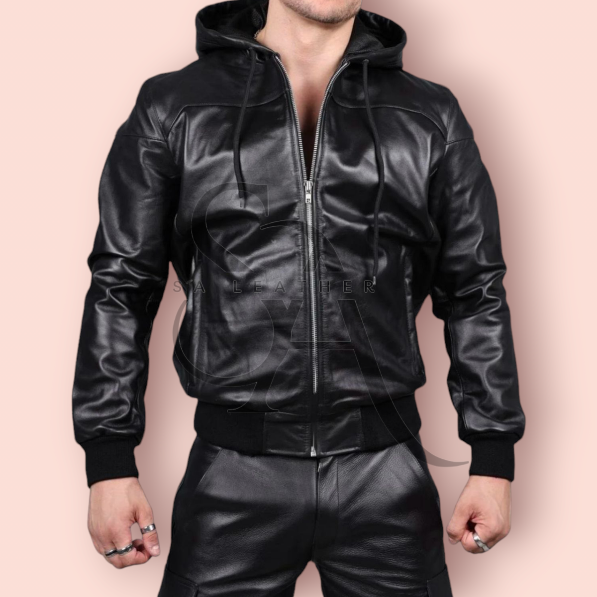 LAST NEST LEATHER ZIP HOODIE / BLACK