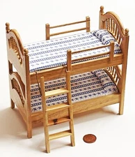 Dolls House Bunk Bed Pine With A Blue & White Mattress 1:12 Scale DF886 tumdee