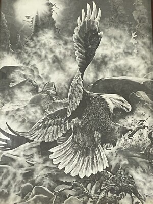 Original Bill O'Neill Signed Bald Eagle in Flight Framed Etching