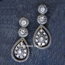 Natural Pave Diamond & Polki Diamonds Wedding Earrings Sterling Silver Jewelry