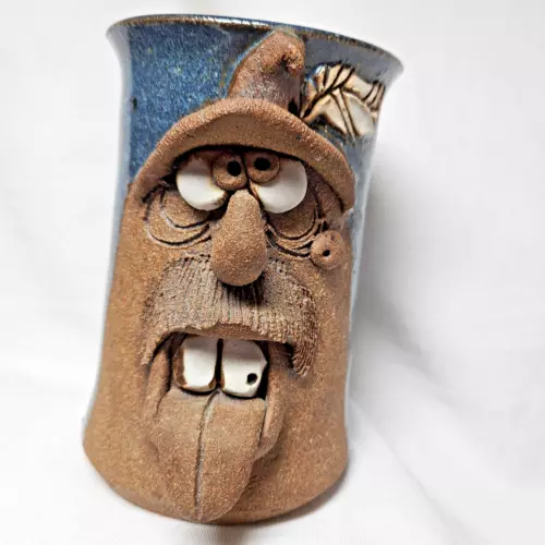 Handmade Ugly Funny Face Stoneware Mug Western Mahon Style Feather In Hat 24oz