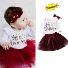 Toddler Baby Kids Girl Christmas Romper Tops Tutu Dress Hairband Outfit Set Gift