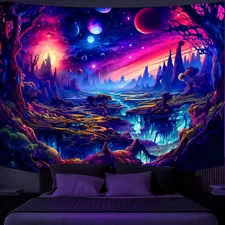 Blacklight Scenery Galaxy Tapestry UV Reactive Tapestry for Bedroom Black Light