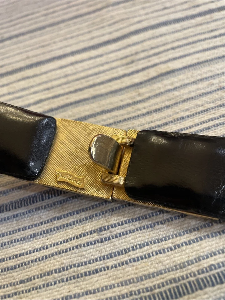 Cinturón Judith Leiber Art Deco Hebilla Geométrica Negro Dorado Cuero Karung Foto 2 de 4
