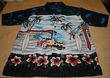 Northern Explosion Mens Medium Hawaiian Shirt Black Multi Car Surf Board Beach