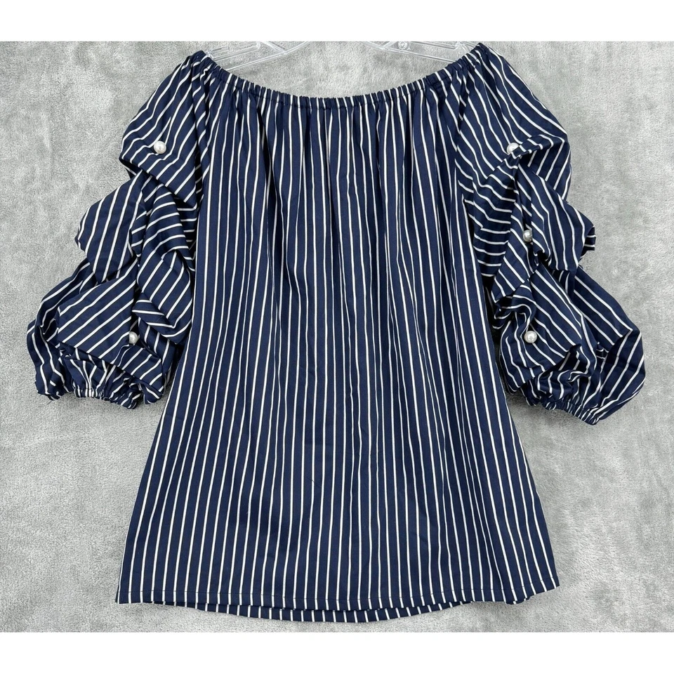 Coco Bianco Blouse Large Striped Off The Shoulder Pearl Puff Sleeve Coquette - Image 2 of 4