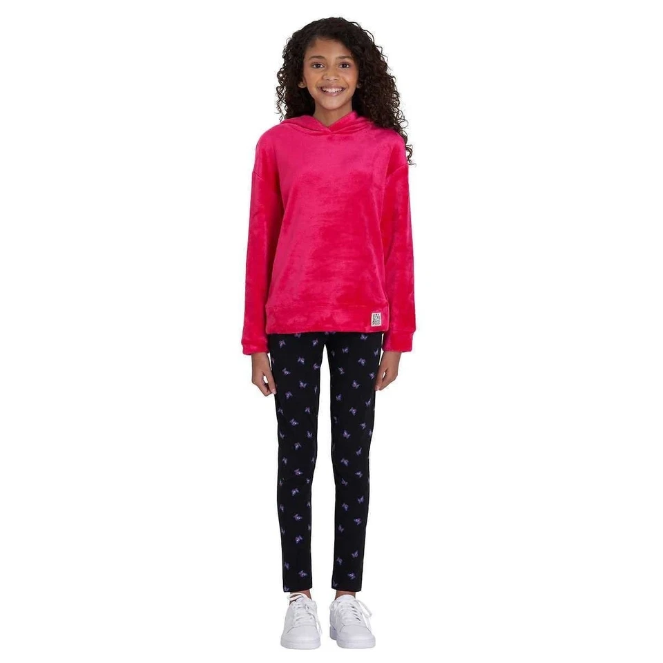 Conjunto de 2 piezas de sudadera con capucha y leggings de felpa roja y negra Lucky Brand para niñas XS Foto 2 de 4