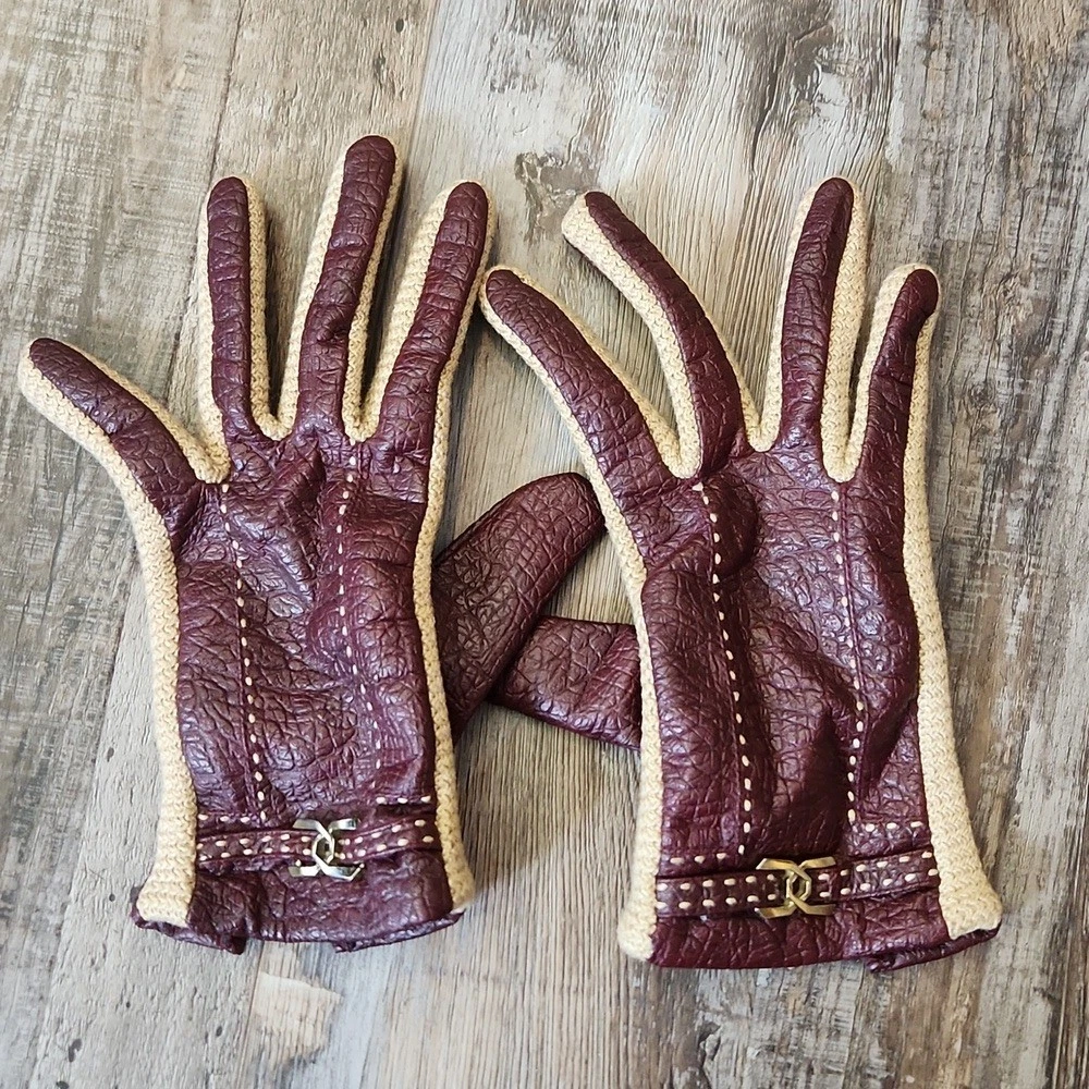 Aris Novakid Womens Burgandy & Tan Leather Driving Gloves Size Med Lux Chic