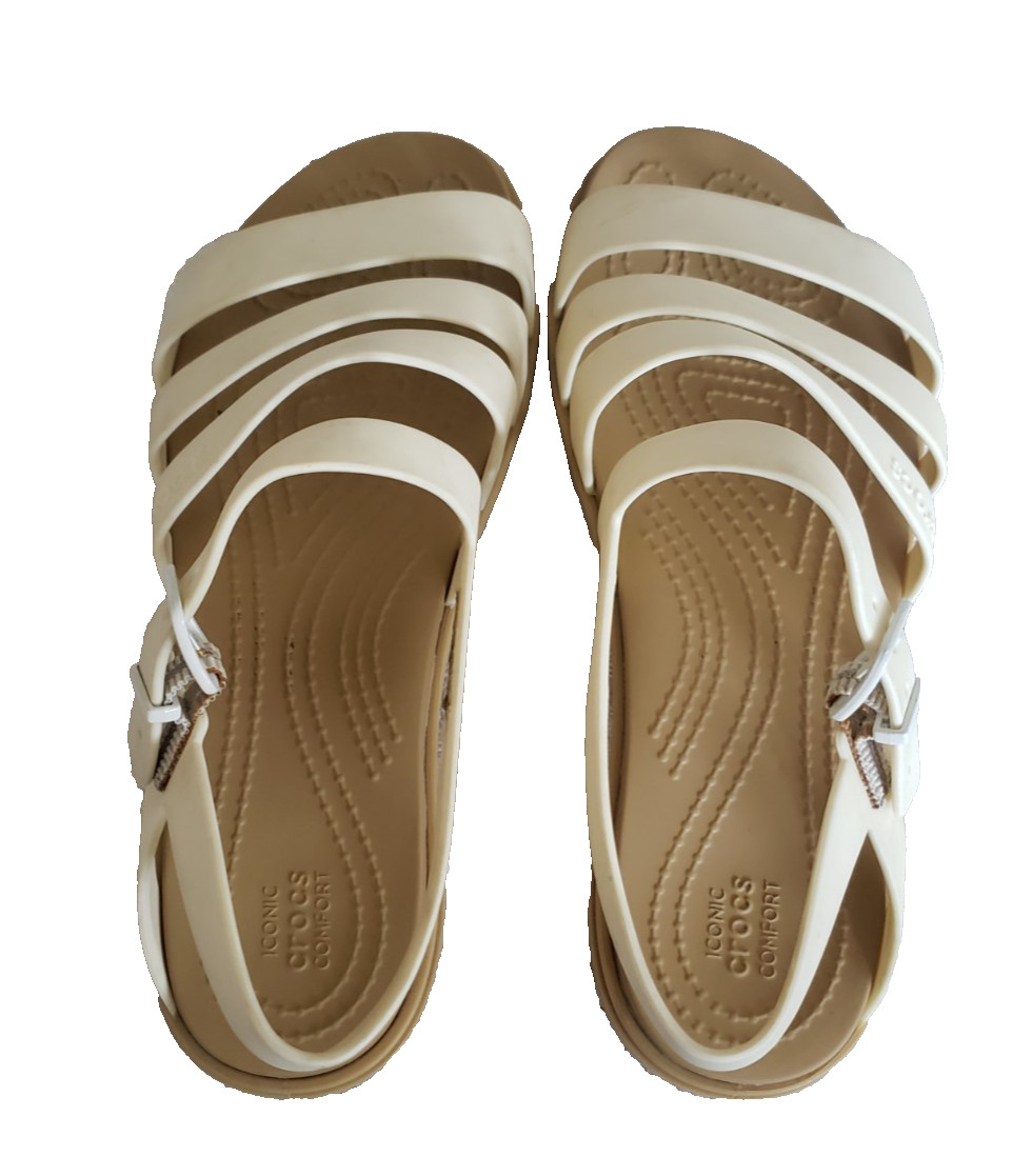 Crocs Tulum Sandals Womens Sz 7 Oyster Flats Cream Strappy Buckle Iconic Comfort image 8