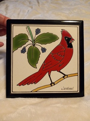 Besheer Art Tile, Cardinal and Berries, Hand-Painted Ceramic, Signed, 6'' x 6''