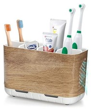 Toothbrush and Toothpaste Holder for Bathroom Countertop with Wood Grain