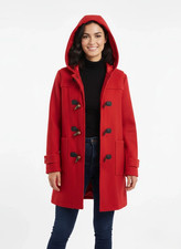 Women's Red Wool Hooded Duffle Coat Classic Winter Toggle Button Overcoat