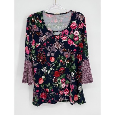 Como Blu Womens Floral Bell Sleeve Top Navy Blue Pink Sz L