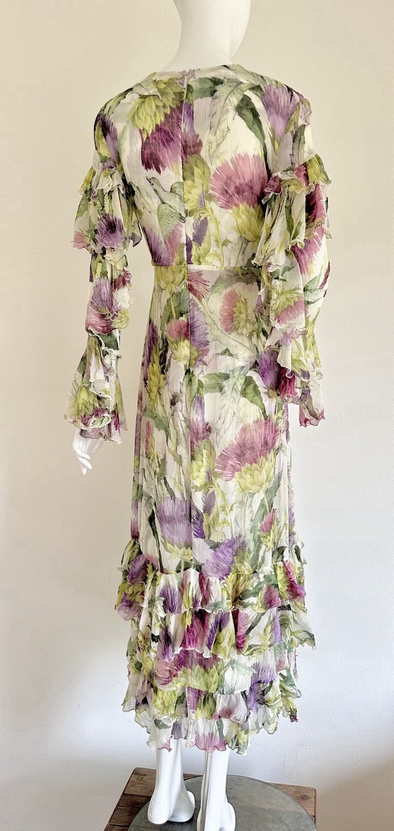 GUCCI Dress Midi Thistles birds print silk crepe Chiffon