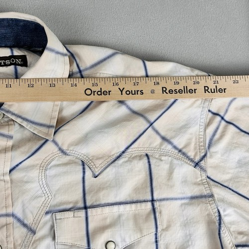 Stetson Shirt Mens XL Blue Tan Plaid Window Pearl Snap Cowboy Western Pockets - Picture 10 of 15