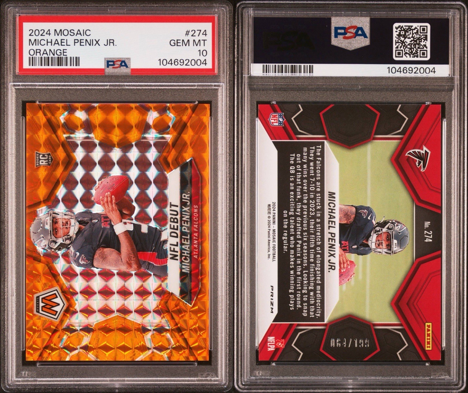 2024 Panini Mosaic Michael Penix JR Orange RC 64/199 #274 Falcon PSA 10