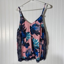 Cacique Womens 22/24 Teddy Tank Top Lace Nightie Plus Size Pink Blue Floral