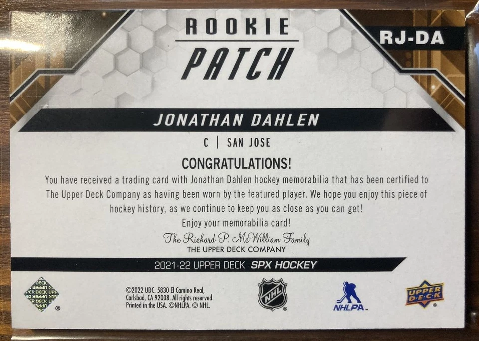 2021-22 SPx Rookie Patch #RJ-DA Jonathan Dahlen RC 31/35 - Image 2 of 2