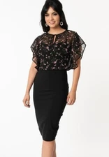 New Unique Vintage Dress Womens 3x 20 Plus Black Floral Chiffon Overlay