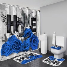 Blue Rose Valentines 4 Pcs Shower Curtain Sets Non-Slip Rugs Bath Mat Toilet Cov