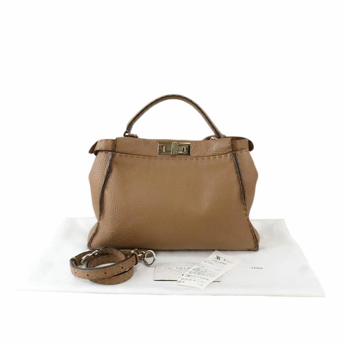 FENDI 8BN290 Selleria Peekaboo Regular Handbag Calf Leather Brown Silver