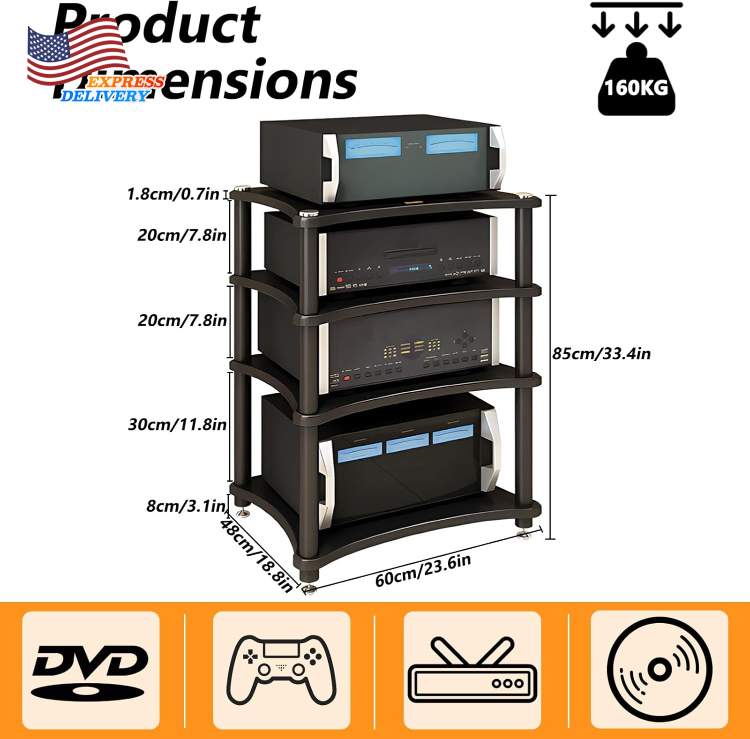 Av Control Rack Heavy Duty Audio Component Rack AV Media Stand with Shock-Absorbing ...