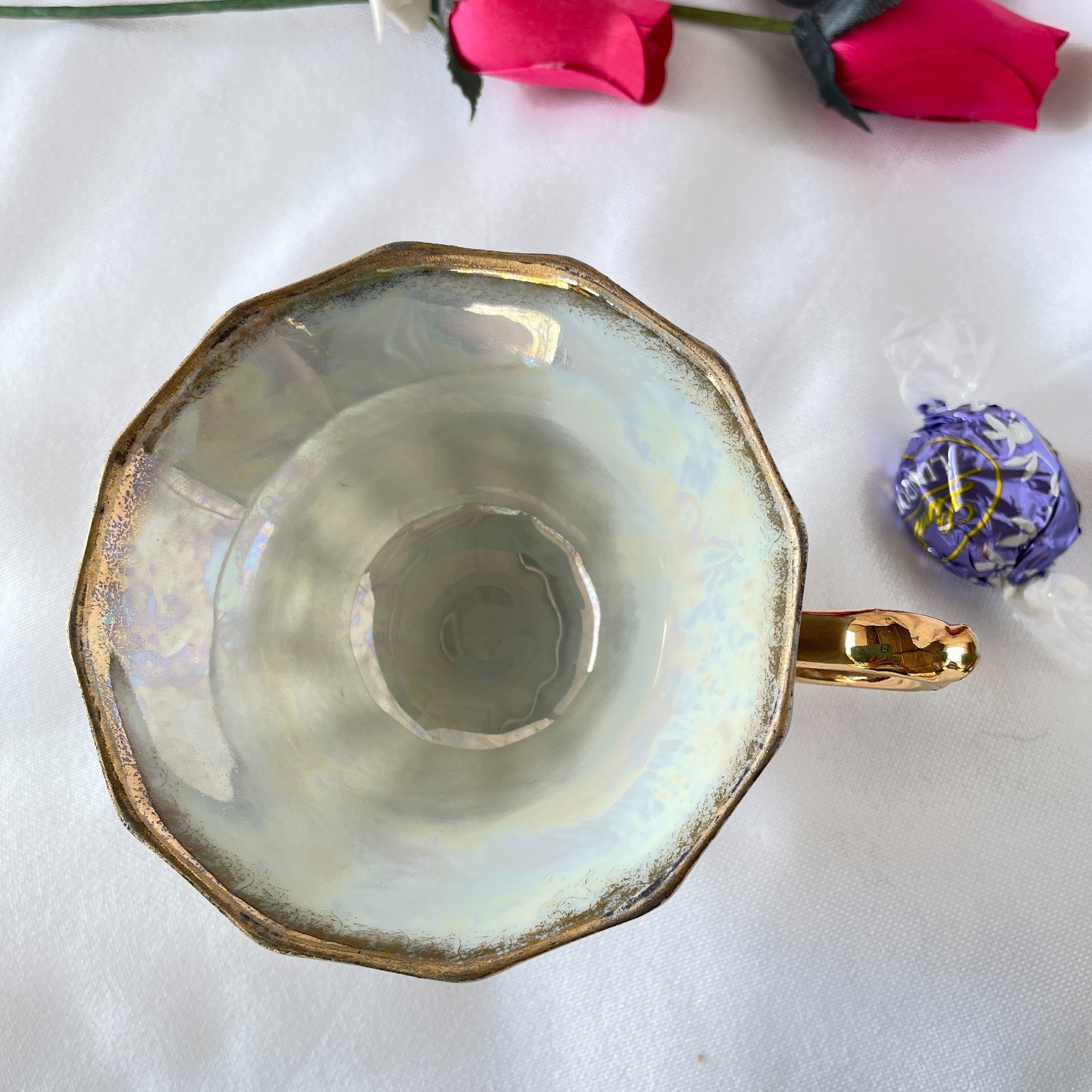 Vintage Bone China Lusterware Footed Teacup Saucer Pink Roses Japan (West Pac?)