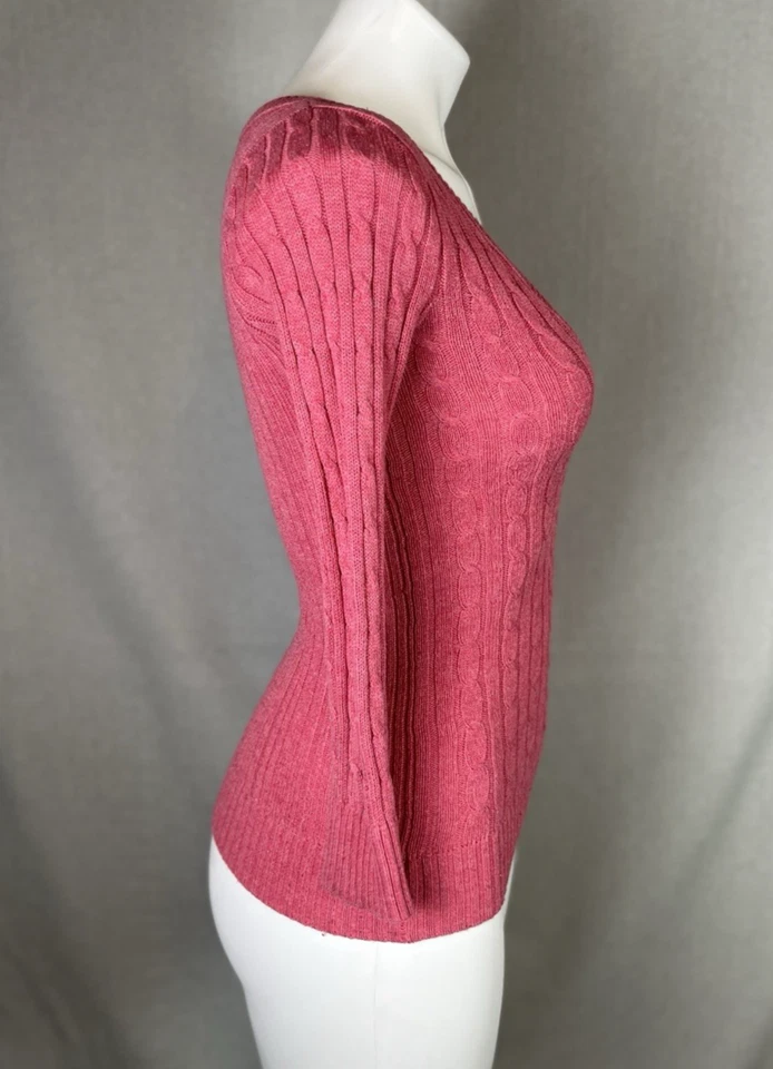 HOLLISTER V Neck Cable Knit Pink 3/4 Sleeve Sweater Size Small Y2K Bella Swan - Image 3 of 4
