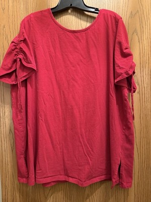 Woman Within Red Scoopneck Short Sleeved Tee With Drawstring Sleeves, 22/24