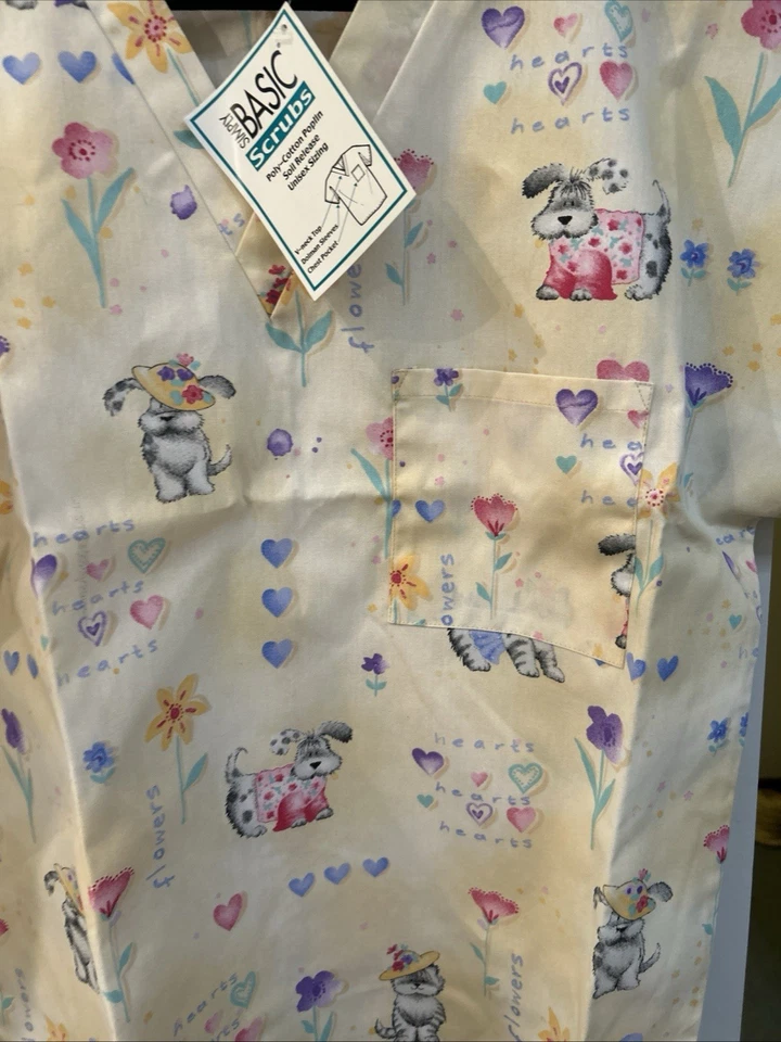 New Simply Basic Scrub V-Neck, Chest Pocket, Size M Dogs, Hearts, & Flowers  - Image 3 of 4