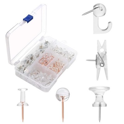 Clear Push Pins Set, 5 Styles 125-count Thumb Tacks Map Pins, Steel Point and...