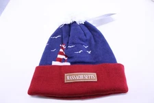 Beanie Hat With Pom Advertising Massachusetts Lighthouse Design Red Blue