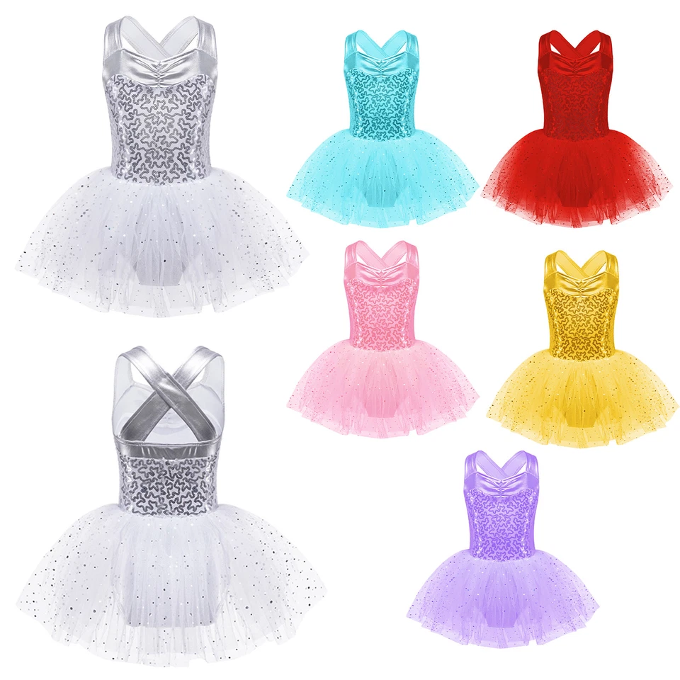 Girls Shiny Ballet Tutu Dress Camisole Dance Leotard Skirt Ballerina Costume - Image 3 of 4
