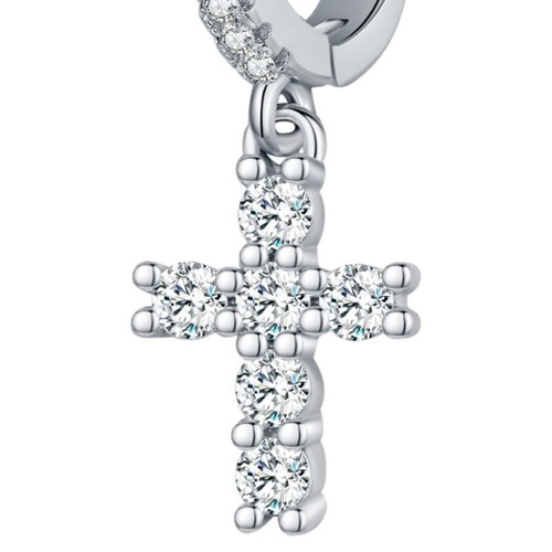 D VVS1 Real Moissanite Cross Drop Dangle Hoop Earrings 925 Sterling Silver W/GRA - Picture 9 of 16