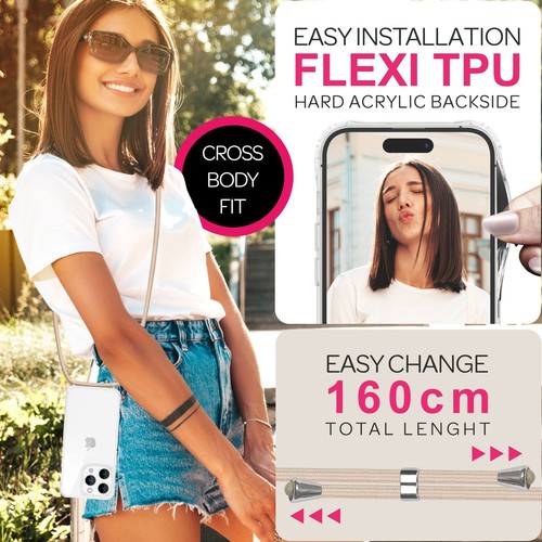 Hybrid Hülle mit Band für iPhone 16 Pro Max, Klare Handyhülle Kette zum Umhängen - Bild 14 von 57