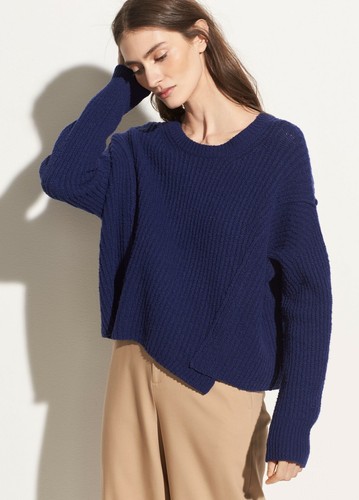 NWT Vince Blue Ink Wool Blend Overlap Panel Pullover Sweater Size Large