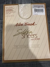 2 pair Gartered Stockings-Nice Touch Silken Sheers with Lycra Short/Medium Pearl