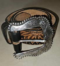 Tony Lama Delheart Daisy Hand Tooled Leather Belt 37" Silver Tone Buckle