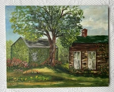 Original Primitive Oil Painting On Canvas Of A Cabin In Woods Landscape