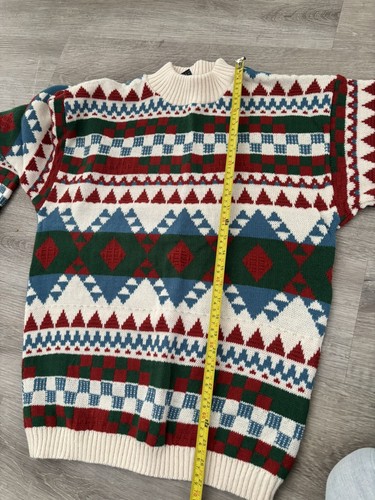 Vtg 80s Christmas Sweater Jacquard Preppy Fair Isle Stripe, Unisex Mockneck XL - Picture 7 of 9